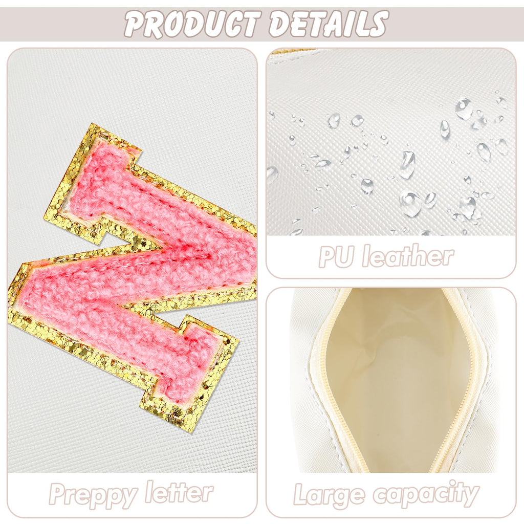 URSKYTOUS Initial Makeup Bag Personalized Preppy Travel Small Cosmetic Bag Cute PU White Chenille Letter Makeup Pouch for Purse Waterproof Zippered Toiletry Organizer for Women Girl Kid Friends(N)