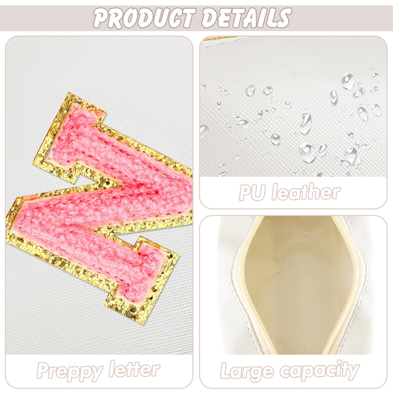 URSKYTOUS Initial Makeup Bag Personalized Preppy Travel Small Cosmetic Bag Cute PU White Chenille Letter Makeup Pouch for Purse Waterproof Zippered Toiletry Organizer for Women Girl Kid Friends(N)
