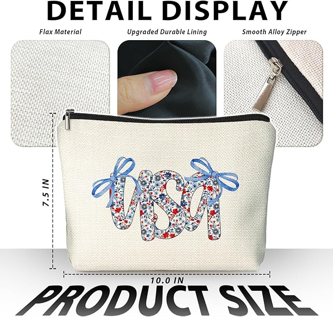 LIANGW Retro Floral USA 4th of July Makeup Bag, America Patriotic Cosmetic Bags for Women, Red White and Blue Bow USA Toiletry Bag for Women, cosmetic bag, makeup case