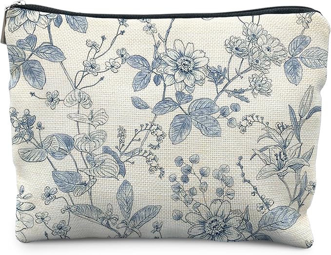 RYYCDOI Vintage Blue Floral Makeup Bag, Chinoiserie Blue and White Floral Cosmetic Bags for Women, Retro Flower Botanical Zipper Makeup Pouch