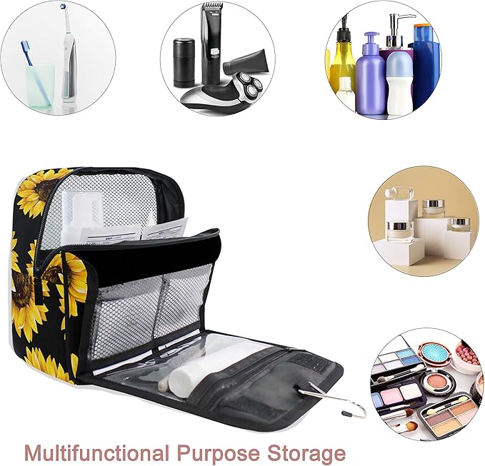 Hanging Travel Toiletry Bag Kit Makeup Case Cosmetics Organizer for Men Women (Black Sunflower)