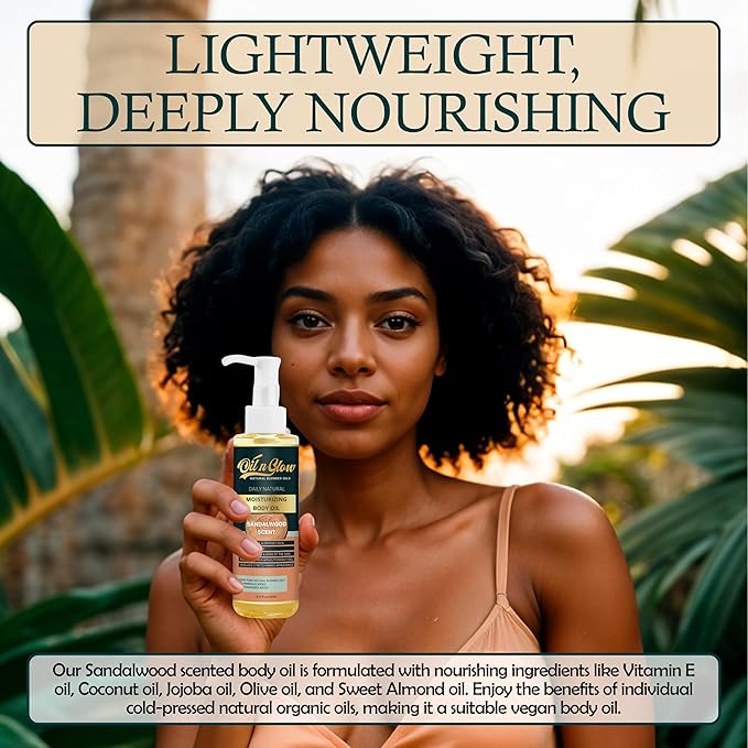 OilnGlow Pure Natural Hydrating Body Oil After Shower With Coconut, Jojoba, Olive & Almond Non-Greasy Moisturizing Oil For Women & Men Dry Skin 5.07 fl oz/150ml-Sandalwood Scent