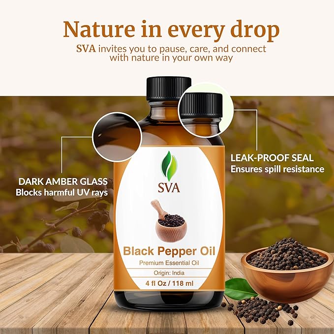 SVA Black Pepper Essential Oil Glass Bottle with Dropper, 4 Fl Oz (118 ml)