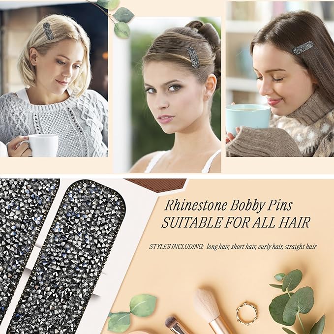 Kanprincess Crystal Hair Clips 2-Pack, Strong Sparkly Barrettes for Women