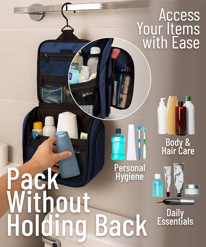 DD D&D Wanderlust D&D Hanging Toiletry Bag - Designer Travel Organizer for Makeup and Toiletries for Men and Women - Hang Case for Cosmetics and Toilet Accessories with Metal Swivel Hook