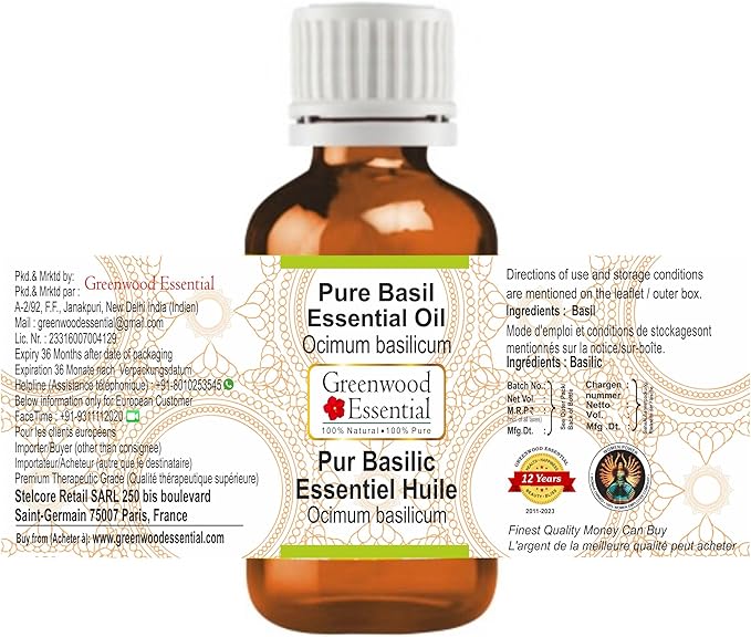 Greenwood Essential Pure Basil Essential Oil (Ocimum basilicum) Steam Distilled 30ml (1 oz)