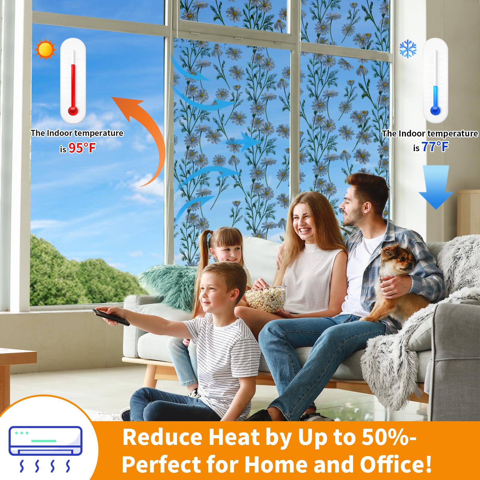 QHYsunshine One Way Privacy Film, Window Tint for Home,Daytime Reflective, Anti UV Static Cling Sliding Door Coverings No Glue Garage Solar Paper (Silver -Daisy, 45.27 x 78.7 in)