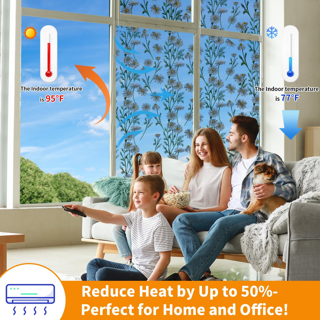 QHYsunshine One Way Privacy Film, Window Tint for Home,Daytime Reflective, Anti UV Static Cling Sliding Door Coverings No Glue Garage Solar Paper (Silver -Daisy, 45.27 x 78.7 in)