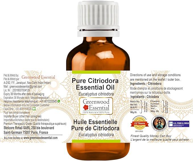 Greenwood Essential Pure Citriodora Essential Oil (Eucalyptus citriodora) Steam Distilled (Pack of Two) 100ml X 2 (6.76 oz)