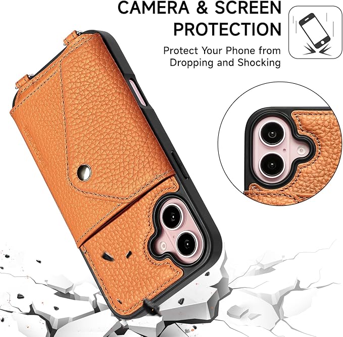 LUCKYCOIN Crossbody Phone Case for iPhone 16,100% Genuine Leather Phone Wallet Case for Women, Fashion Premium Hands-Free Phone Purse with Expandable Flip Card Holder & Adjustable Strap - Pebble Brown
