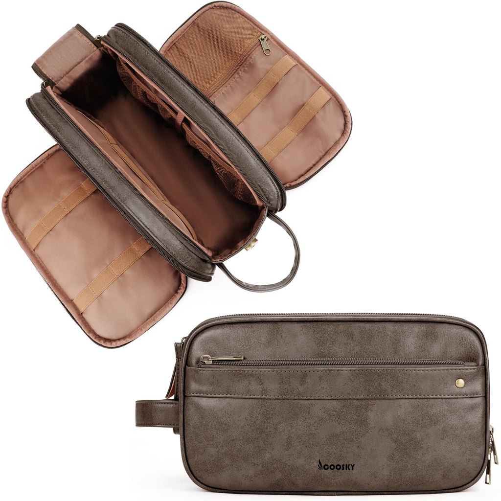 COOSKY Travel Toiletry Bag for Men, Large Hanging Toiletries Organizer Bags for Women, Cruise Ship Essentials, Water-resistant Shaving Case, PU Leather Makeup Accessories Cosmetic Dopp Kit, Dark Brown