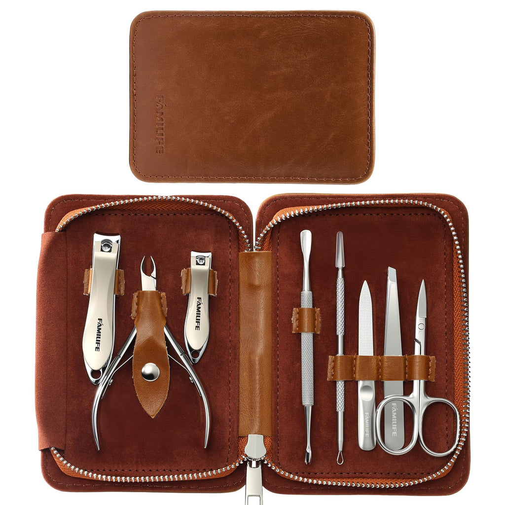 FAMILIFE Manicure Set, Nail Clippers Pedicure Tool, 8 pcs Stainless Steel Manicure Kit Professional Grooming Tool, Nail Kit with Portable Brown Leather Travel Case Luxury Gifts for Men Women