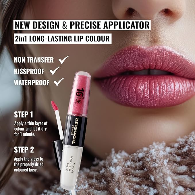 Dermacol 16-Hour Lip Color, Two-Phase Kissproof Lip Stain & Gloss, No.15