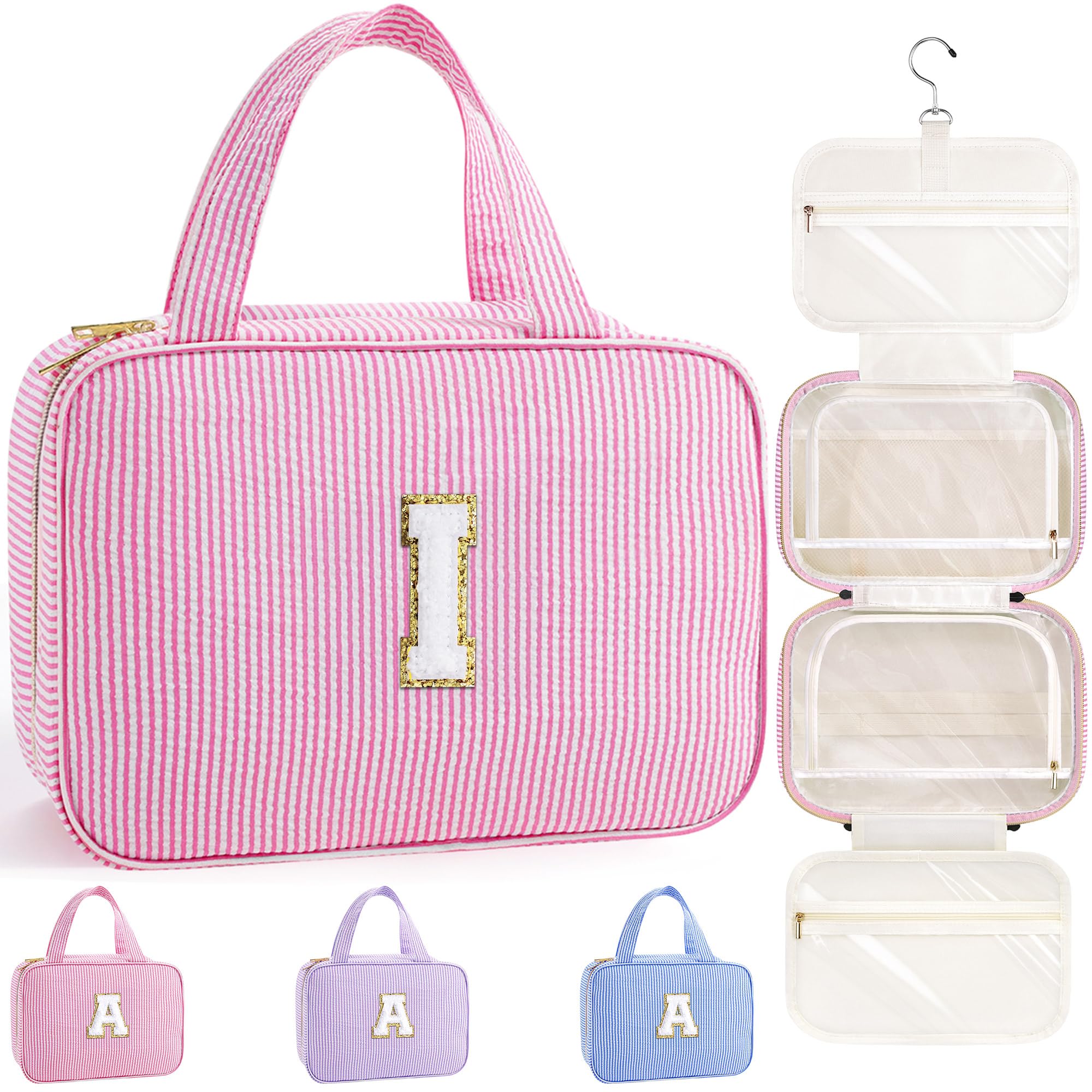 TOPEAST Travel Toiletry Bag for Women - Hanging Toiletry Bag Initial Makeup Bag, Portable Toiletries Cosmetic Bag, Airplane Travel Essentials - Letter I, Pink