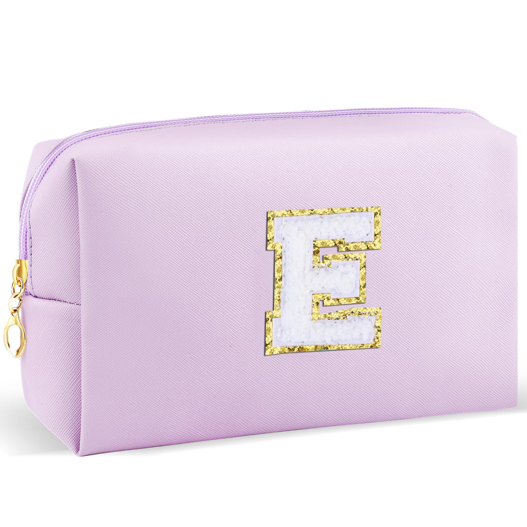 URSKYTOUS Gifts for Girls Initial Makeup Bag Personalized Cosmetic Bag with Zipper Cute Travel Toiletry Bag Waterproof PU Preppy Makeup Pouch Birthday Gift for Teen Girls Women(Purple E)