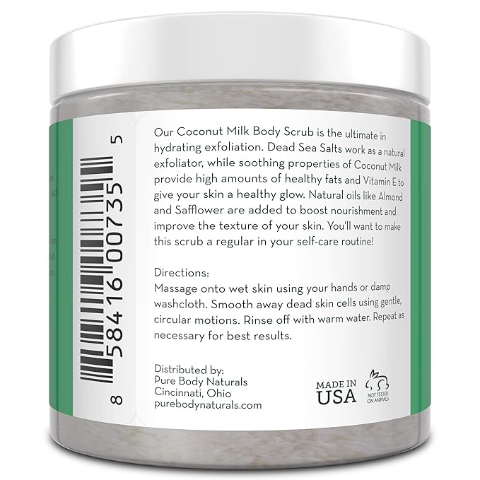 Coconut Milk Body Scrub, Dead Sea Salt - Exfoliating & Moisturizing, 12oz
