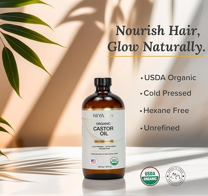 terravera Niyavera Organic Castor Oil USDA Certified 16oz - 100% Pure Golden Cold Pressed Unrefined Hexane Free for Hair Growth, Eyelashes, Eyebrows, Skin - Glass Bottle with Pump