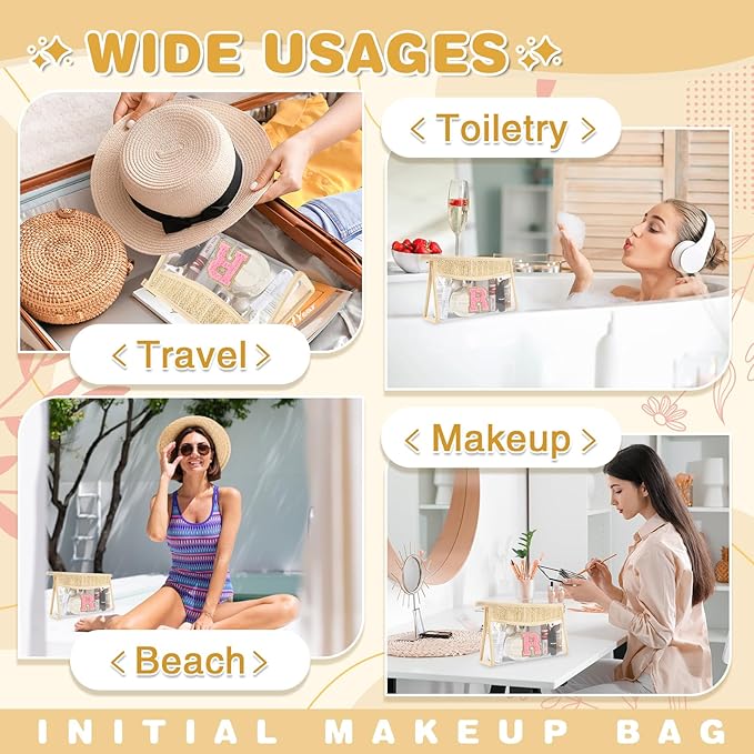Small Boho Straw Initial Letter Makeup Bag Personalized Gift ,Cute Clear Chenille Patch Makeup Bag With Zipper,Trendy TSA Approved Travel Toiletry Bag,Gift for Women Girls Birthday Friend, Letter R