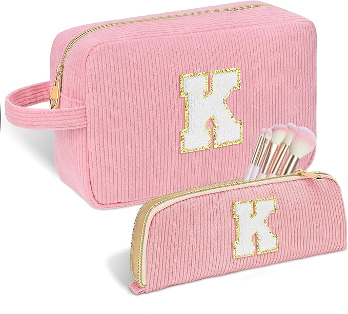 Sernaxi Personalized Initial Makeup Bag Trendy Stuff Corduroy Cosmetic Bag Travel Toiletry Bag, Valentine’s Day Gift Makeup Organizer Case & Makeup Pouch for Women teen Girls Mom Girlfriend Wife