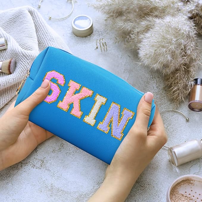 Sanwuta 9 Pcs Makeup Bags Bulk Bridesmaid Proposal Gifts Cosmetic Bags Preppy PU Leather Double Zipper Toiletry Pouch Portable Travel Organizer Case for Women Bachelorette Gift(Blue)