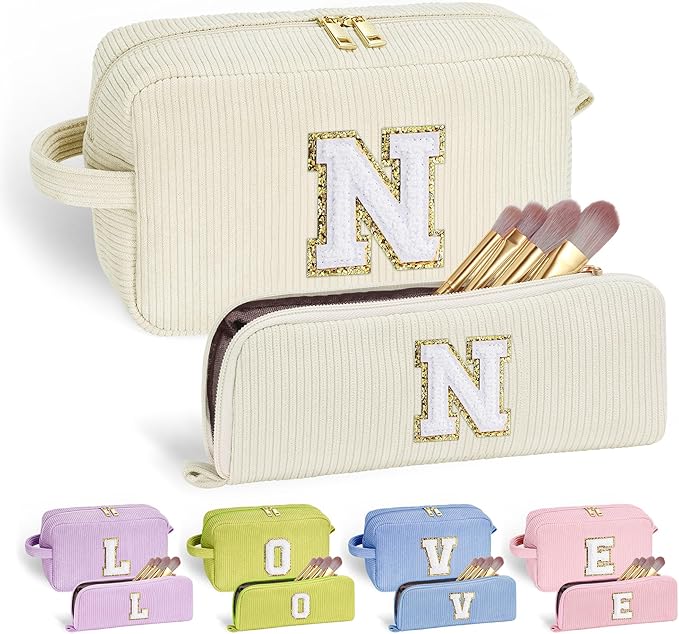 YOOLIFE Monogram Makeup Bag - Cute Gifts for Women & Girls - Travel Bag & Makeup Organizer - White