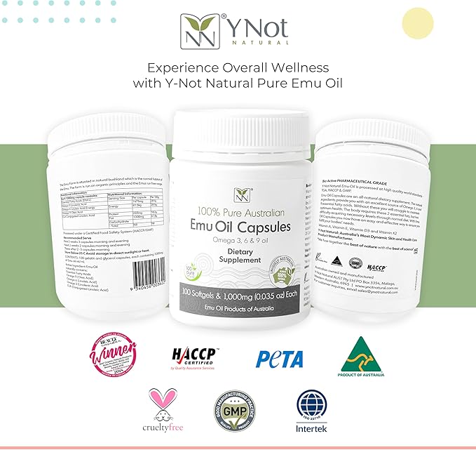 Y Not Natural Emu Oil Capsules - Heart, Hair, Metabolism & Joint Support Supplement - Pharmaceutical Grade Emu Oil with CLA, Omegas 3, 6 & 9 with Vitamin K2, A & E 1000mg, 100 Capsules