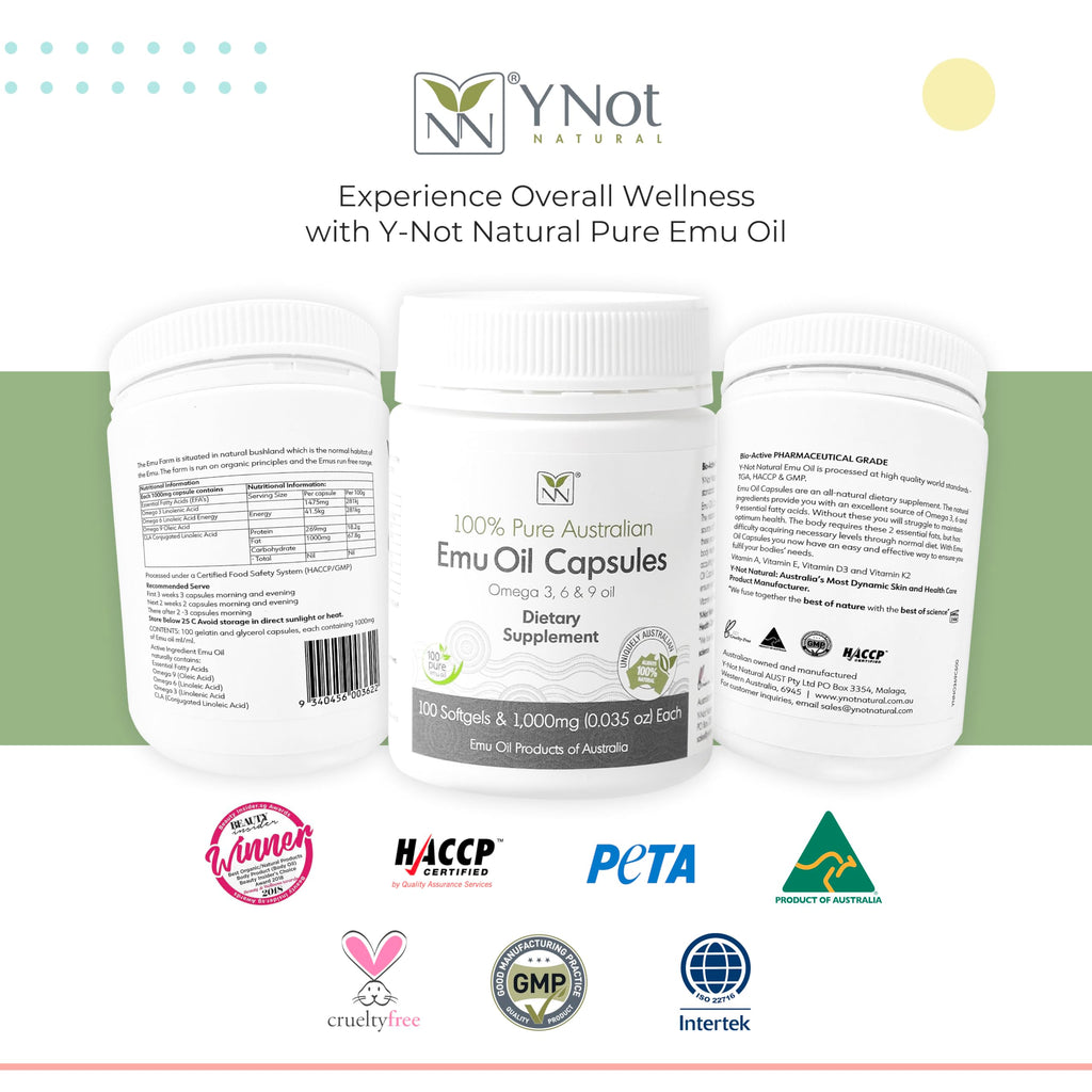 Y Not Natural Emu Oil Capsules - Heart, Hair, Metabolism & Joint Support Supplement - Pharmaceutical Grade Emu Oil with CLA, Omegas 3, 6 & 9 with Vitamin K2, A & E 1000mg, 100 Capsules