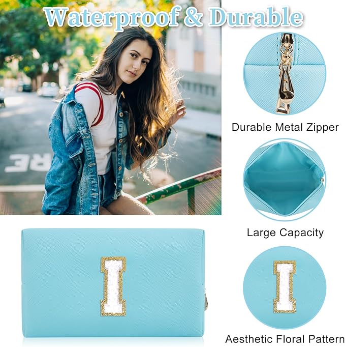 Personalized Initial Letter Patch Makeup Bag, Preppy Portable Chenille Letter Cosmetic Bag with Zipper, PU Leather Waterproof Travel Toiletry Bag Monogram Make Up Pouch for Women Girls(Letter I)