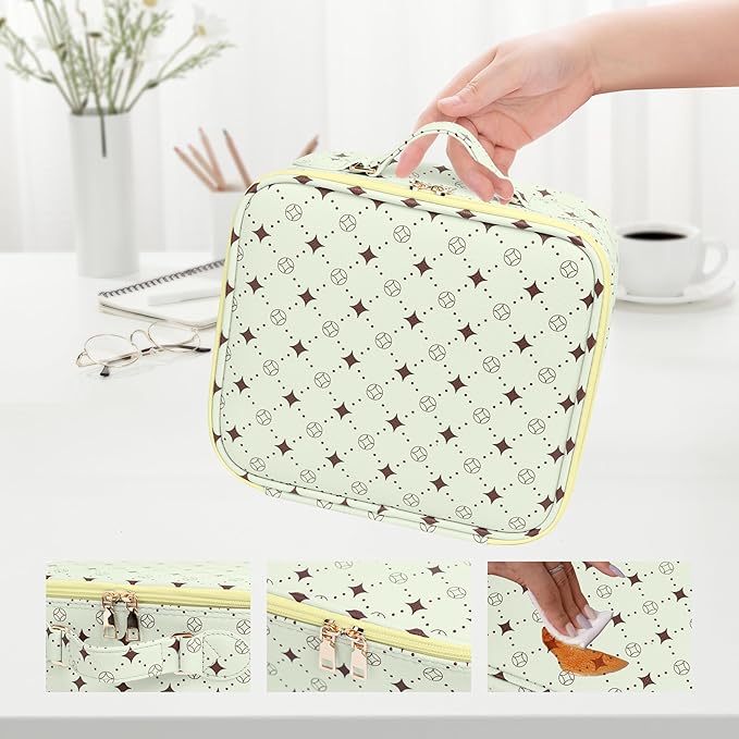 M Y U R E N Travel Makeup Bag,Waterproof Cosmetic Organizer, Adjustable Dividers,Portability Cosmetic Train Case,Makeup organizer,Gift for Women,Girls Gift (Green+Yello)