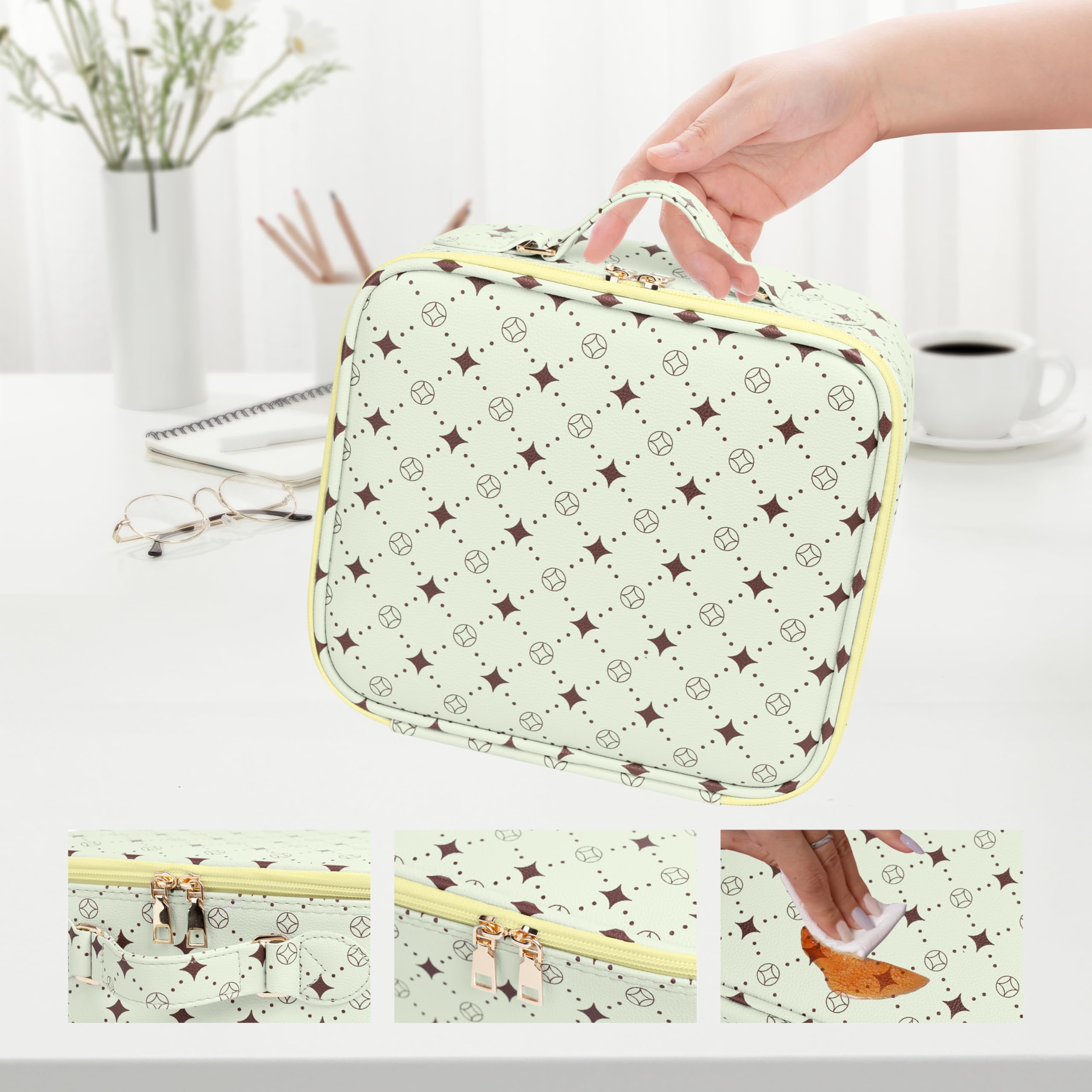 Travel Makeup Bag With 360° rotating LED Mirror,Waterproof cosmetic organizer,Portability Cosmetic case,Makeup organizer,Gift for Women,Girls Gift (Green+Yello)