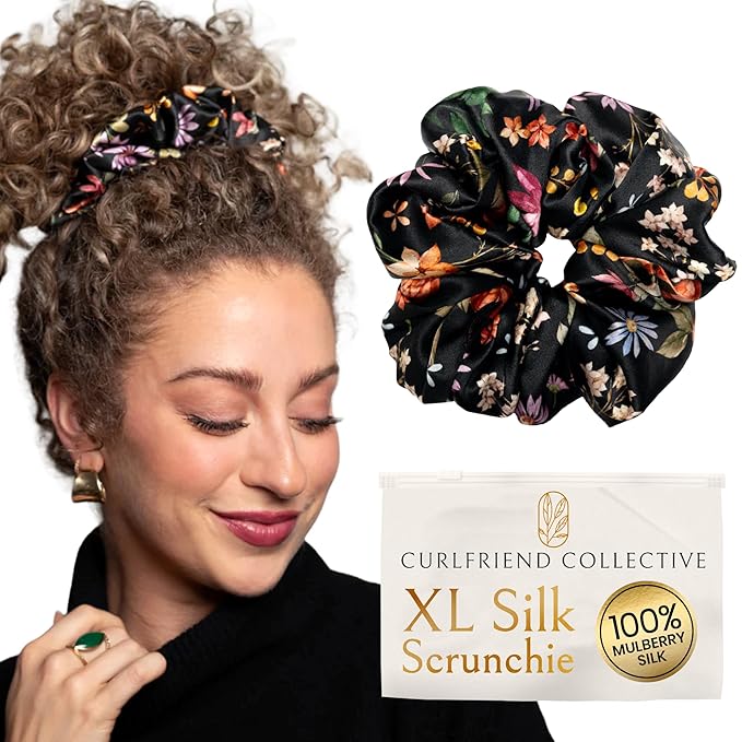 Curlfriend Oversized Mulberry Silk Scrunchies, XL, Midnight Blooms