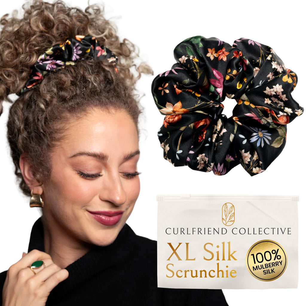 Curlfriend Oversized Mulberry Silk Scrunchies, XL, Midnight Blooms