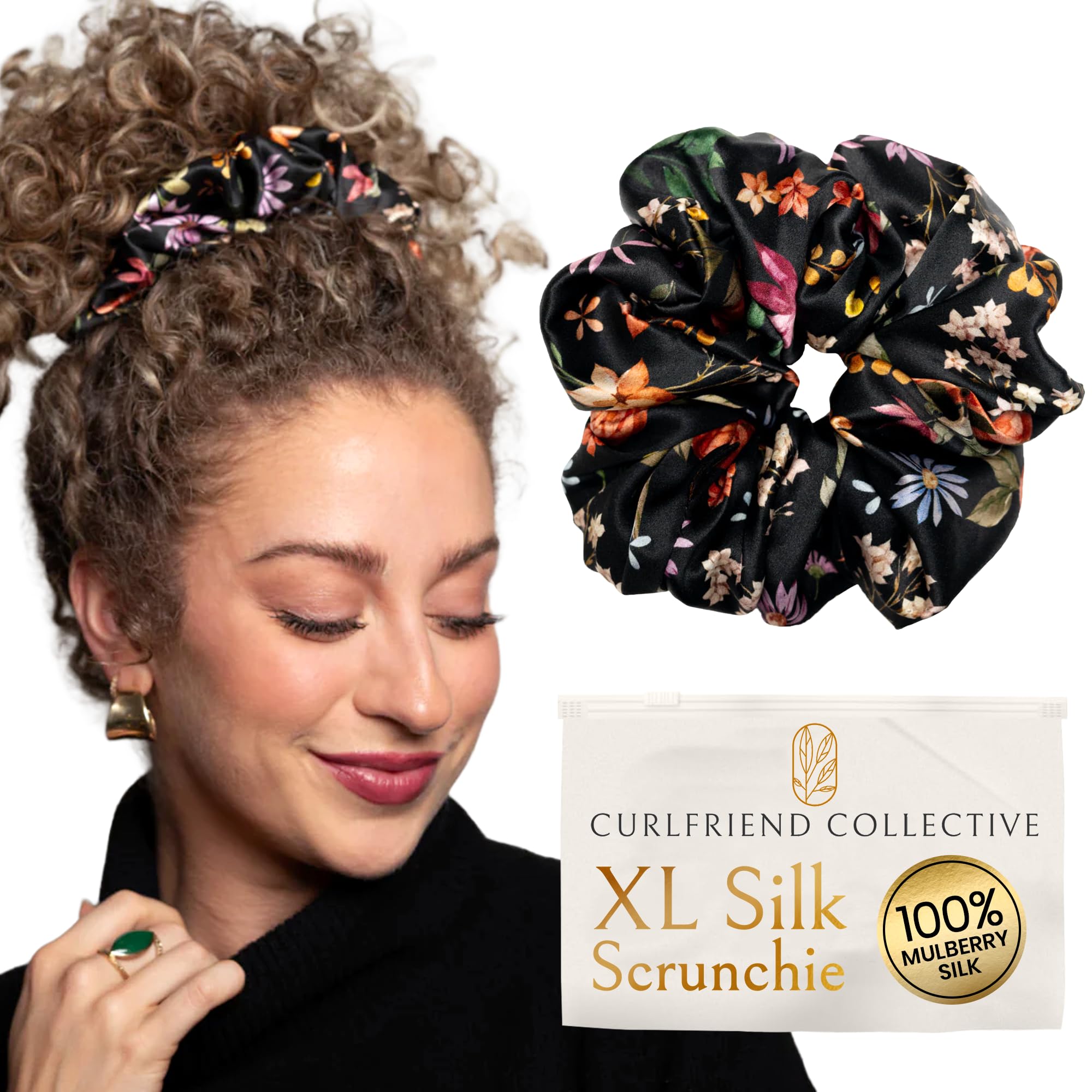 Curlfriend Oversized Mulberry Silk Scrunchies, XL, Midnight Blooms