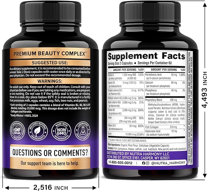 Biotin, Collagen, Hyaluronic Acid & Keratin - Hair Growth Support, 120 Caps