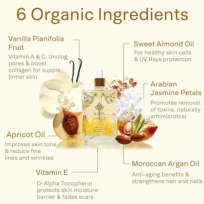 SAFA Vanillé Oil - Organic Vanilla Oil for Face, Body, Hair, Nails & Aromatherapy | Essential Oil for All Skin Types | After Shower Body Oil | Natural Moisturizer & Nourishing Perfume Oil - 118 ml