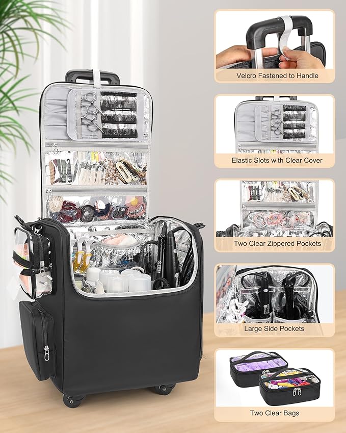 Relavel Rolling Makeup Train Case with 4 Pcs Clear Makeup Bags, Hairstylist Traveling Bag with 4 Wheels, Heat Insulation Full Layer, Adjustable Dividers, Hair Tools and Cosmetics Storage Organizer
