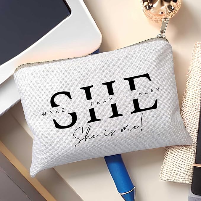 HubbgDesign She Wake Pray Slay Makeup Bag, Motivational Cosmetic Pouch for Women, I Am Strong Affirmation Makeup Case, Boss Girl Travel Toiletry Bag, Gift Idea for Her
