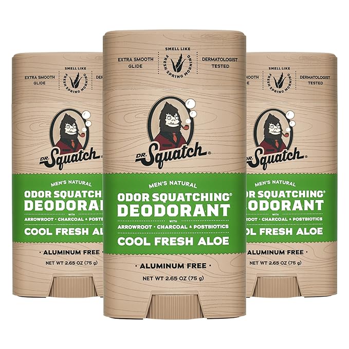 Dr. Squatch Natural Men’s Deodorant – Aluminum Free Natural Deodorant Men with Charcoal & Postbiotics for 72-Hour Odor Protection – Cool Fresh Aloe, 2.65oz Stick (3-Pack)