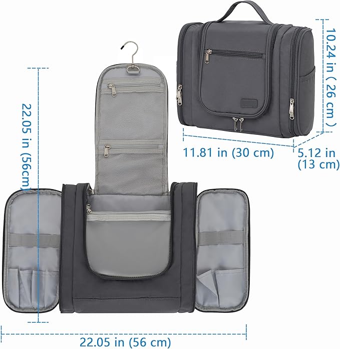 Hanging Travel Toiletry Bag for Men and Women with Metal Swivel Hook, Large Travel Makeup Organizer for Full Sized Cosmetics and Toiletries, Water-Resistant Bathroom Toiletry Bags, Grey