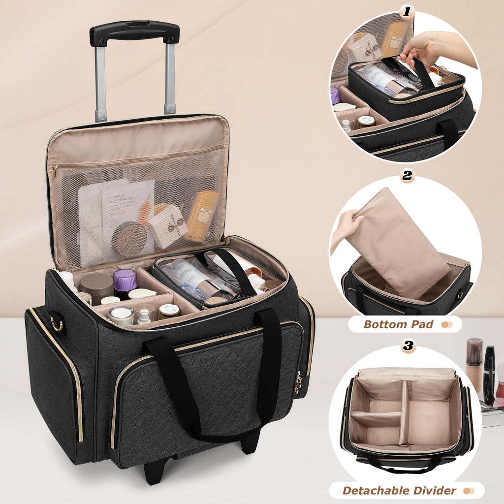 LUXJA Rolling Makeup Case with 3 Removable Makeup Bags and 1 Brush Holder