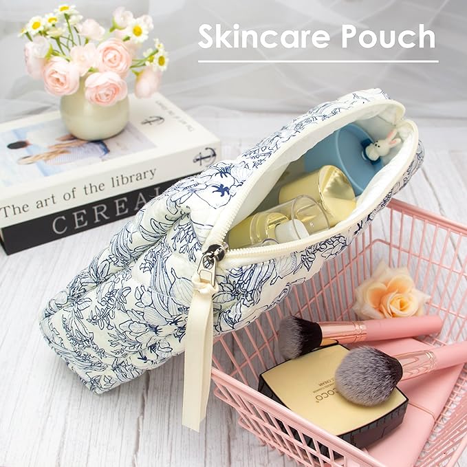 PAZIMIIK Quilted Makeup Bag for Women(Blue,3 Piece Set)