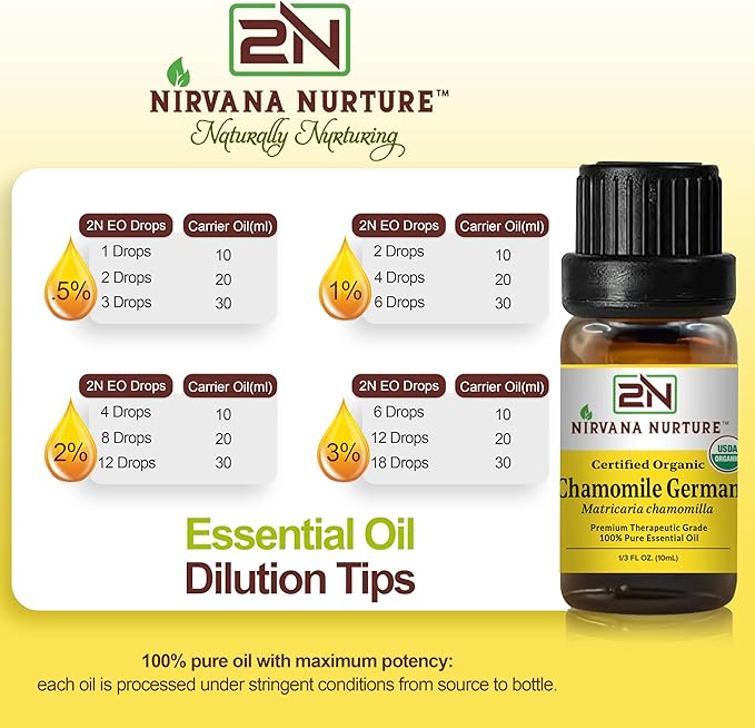 Nirvana Nurture Chamomile German Essential Oil USDA Certified Organic, 100% Pure Natural Premium Grade, Undiluted- Aromatherapy Diffuser for Calm and Relaxation, Skin Care, Hair Care