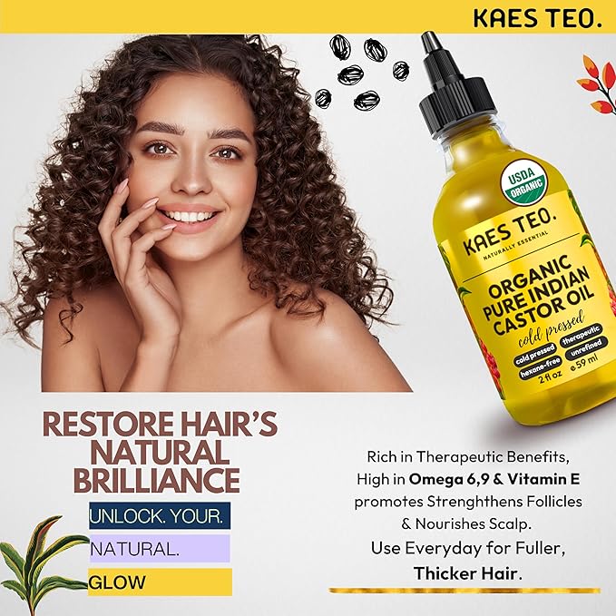 Kaes Teo Organic Castor Oil 100% Pure Cold Pressed 2 Fl Oz Extra Virgin Unrefined Hexane Free - USDA Certified Organic, Golden Castor oil for Face, Skin, Hair, Eyebrows - Boost Hair Growth