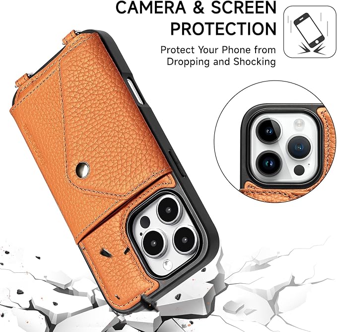 LUCKYCOIN Crossbody Phone Case for iPhone 16 Pro,100% Genuine Leather Phone Wallet Case for Women, Premium Hands-Free Phone Purse with Expandable Flip Card Holder & Adjustable Strap - Pebble Brown