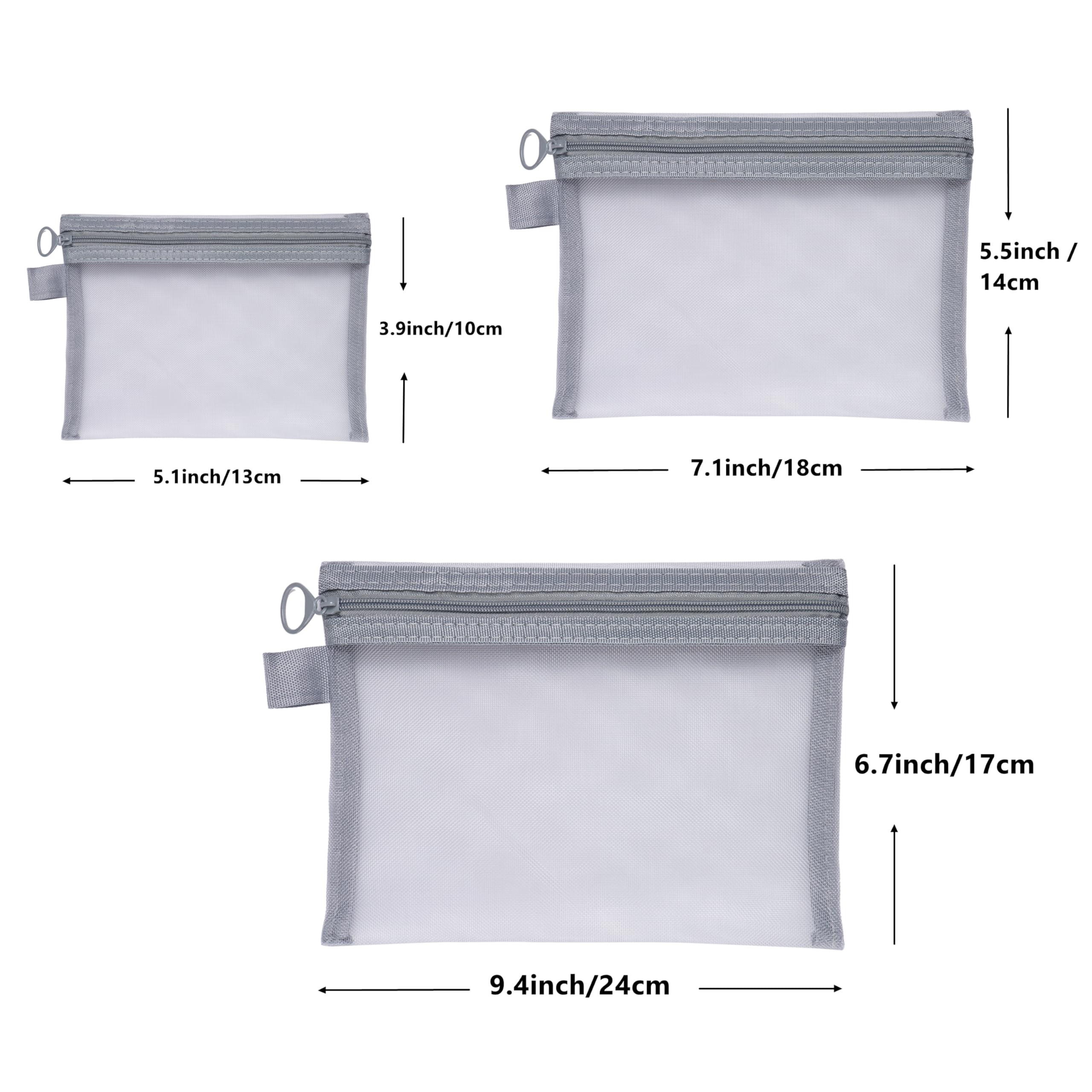 Quotidian Flat Clear Mesh Zipper Pouch Gray Makeup Brush Bag Travel Organizer 3-Size Pack of 9 - Vacation Gym Everyday Carry School
