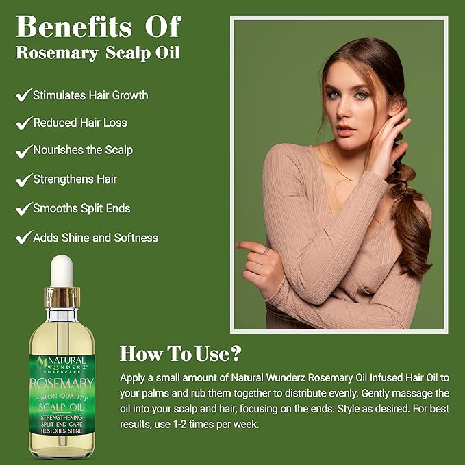 Natural Wunderz Rosemary Hair Oil, Supports Hair Growth, Thickening Serum and Strengthening Split End Case for Dry and Damaged Hair, Sulfate Free and Vegan Friendly, 4 Fl Oz