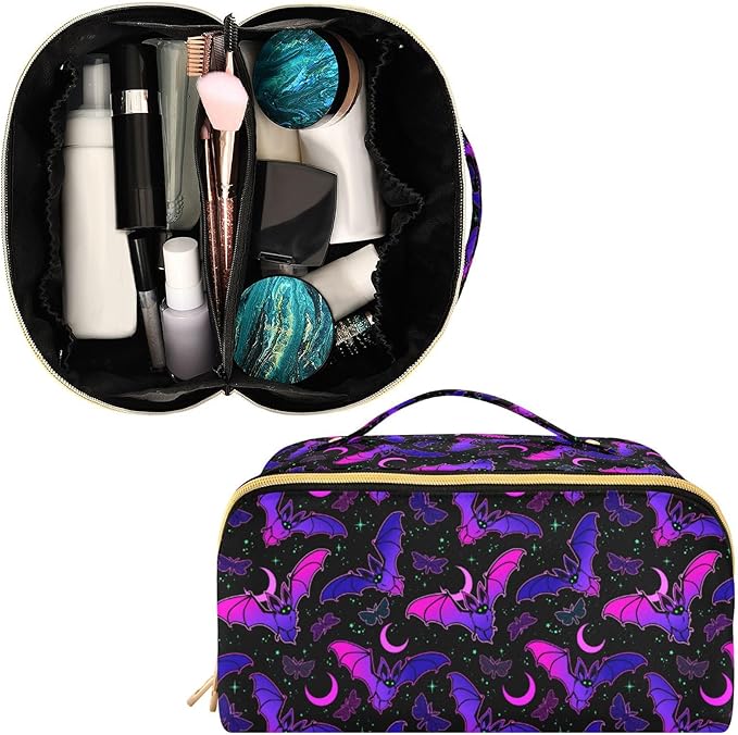 MNSRUU Makeup Organizer Bag, Purple Bat Gothic Travel Makeup Bags Makeup Vanity Case Large Capacity Rhombus Cosmetic Toiletry Bag for Girl Women Ladies