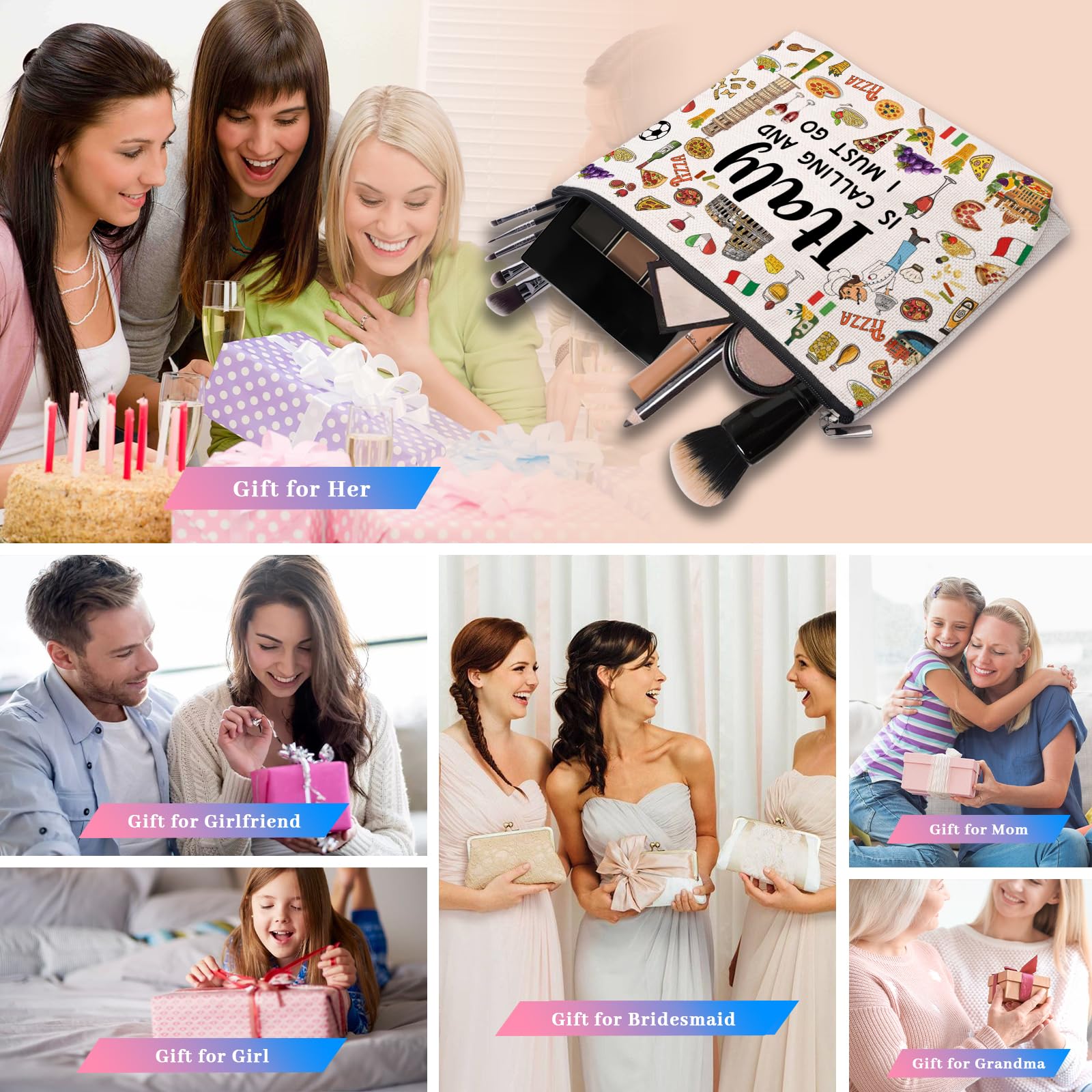 CEASQVAA Italy Travel Gift Makeup Bag, Italy Lover Themed Gifts for Traveller Women Friends, Italian Travel Trip Essentials Souvenir