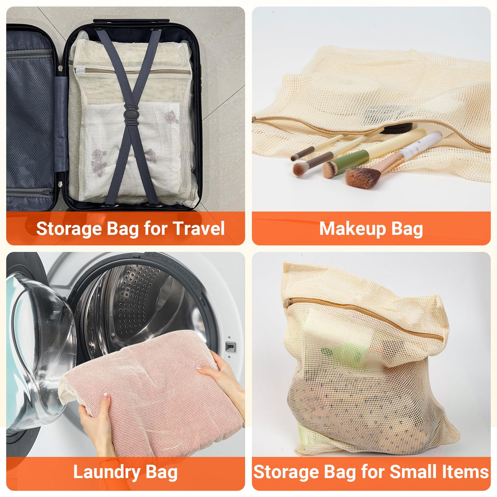 6Pcs Organic Cotton Mesh Laundry Bags for Delicates, Durable Mesh Wash Bags, Sturdy Zipper Laundry Bag for Underwear, Clothes, Shoes, Socks, (3 Large, 3 Medium)