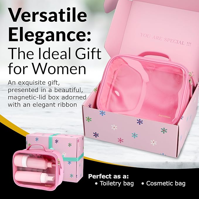 Pink Clear Makeup Bag, Travel Cosmetic Pouch with Transparent Front, Quart Size Toiletry Organizer for Women, Girls & Teens, Cute Makeup Case
